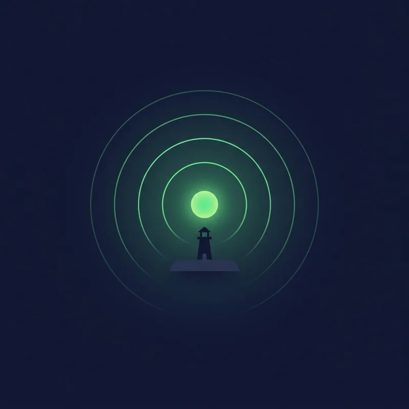 A green beacon pulsing signal rings into an indigo night